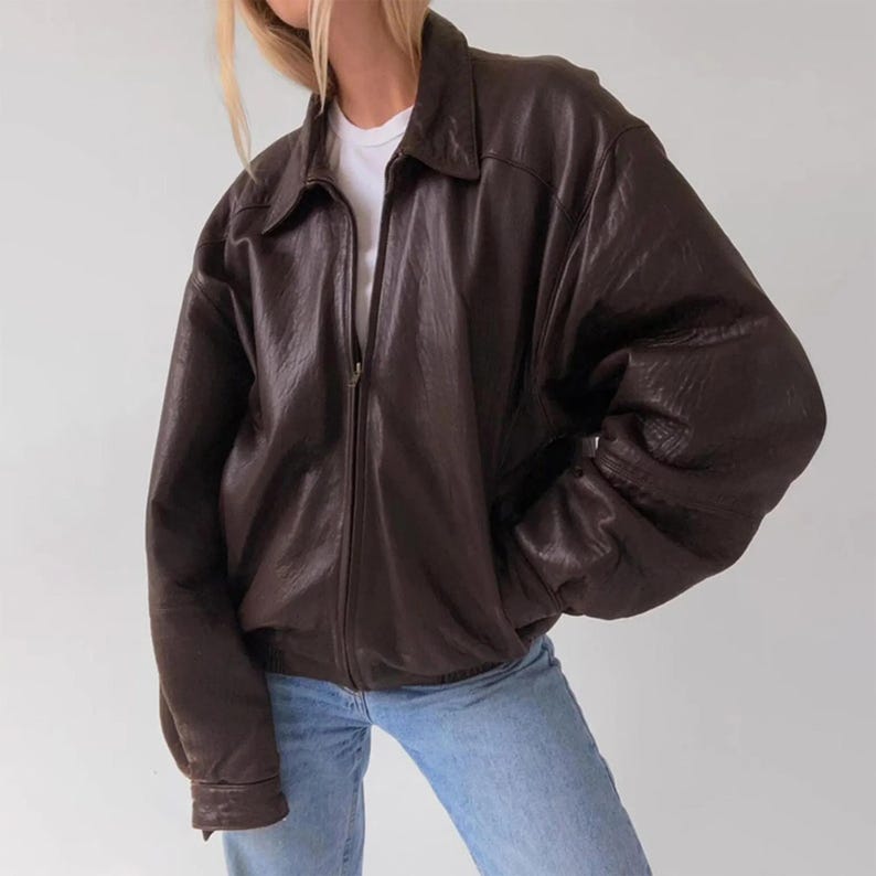 1980's Women Brown Leather Bomber Jacket, Ladies Oversized Straight Cut Sheep Leather Jacket, Women's Soft Real Leather Jacket, Gift for her